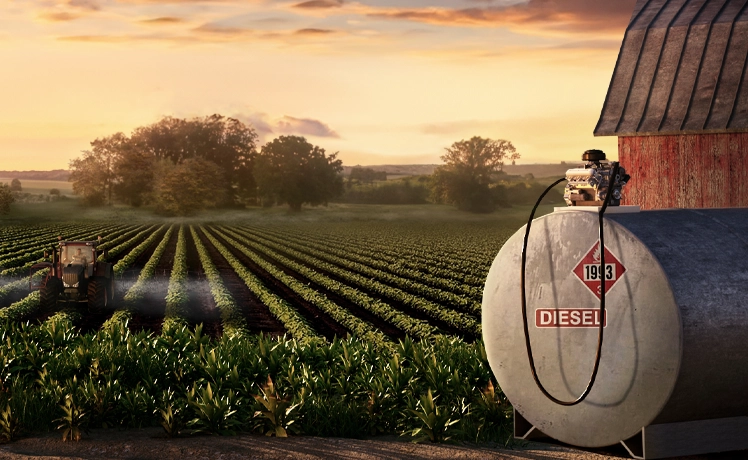 Diesel fuel bulk storage tank on a farm with a field and tractor