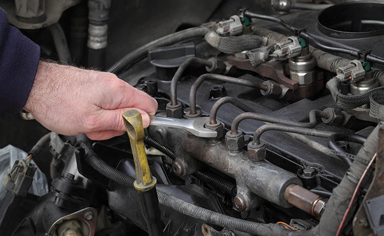 Man's hand working on a diesel engine