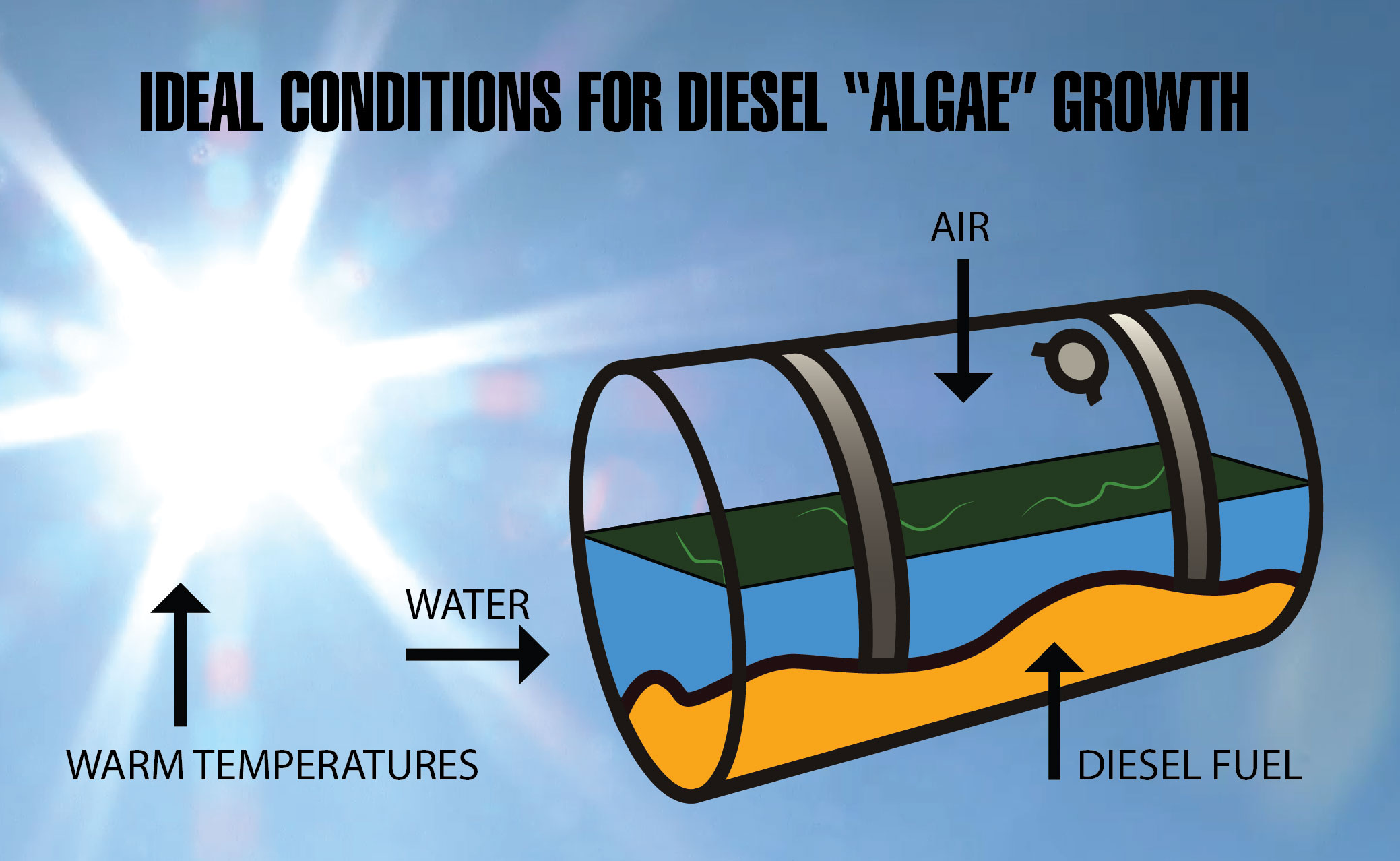Chart displaying ideal conditions for diesel algae: warm temperatures, water, and air