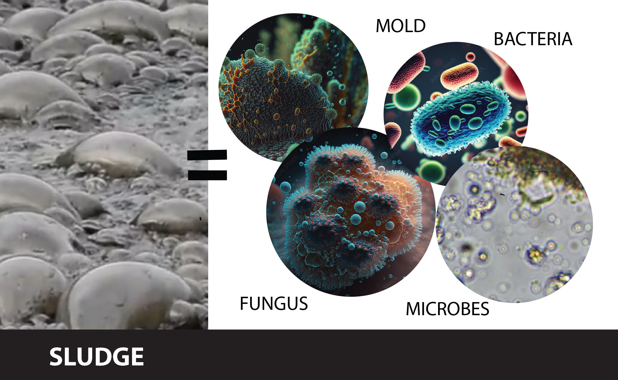 Diesel sludge shown with components mold, bacteria, fungus, and microbes